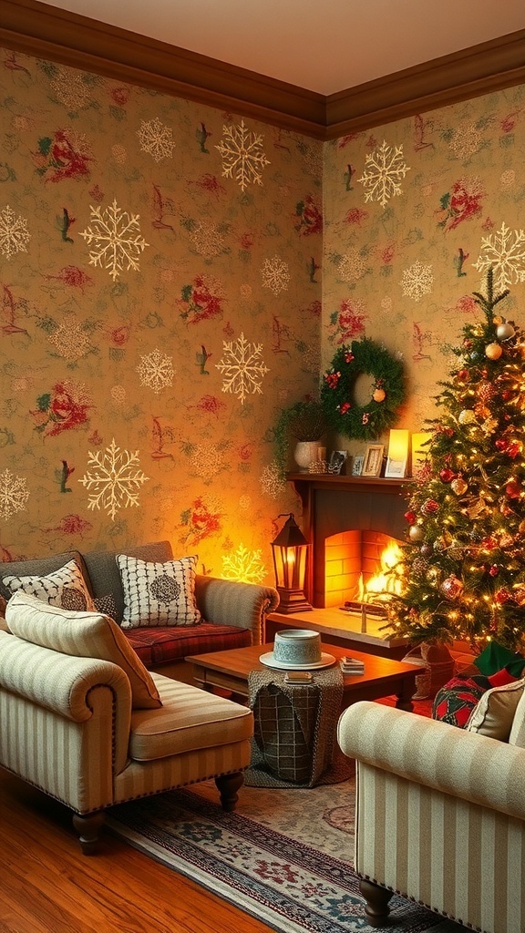 A living room decorated for Christmas with nostalgic wallpaper, a Christmas tree, and a fireplace.